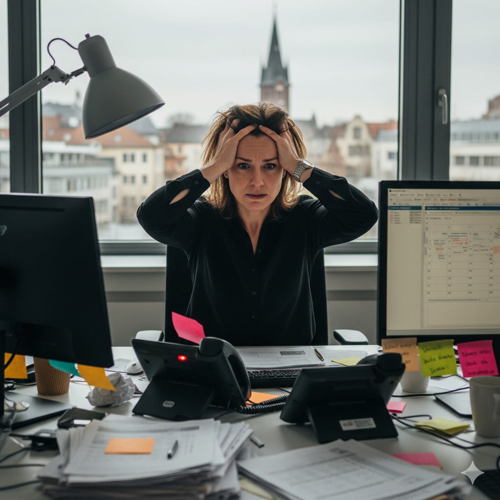 KI Telefonassistent Hausverwaltung Immobilienverwaltung: Gestresste Hausverwalterin am Schreibtisch mit klingelnden Telefonen und Post-its vor assistent24 KI-Lösung