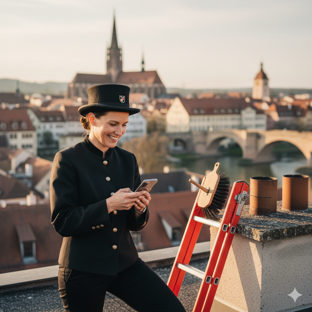 Sabine Hofstetter, Kaminkehrerin aus Regensburg Bayern, spart 5 Stunden pro Woche durch KI-Telefonassistent für Feuerstättenschau-Termine