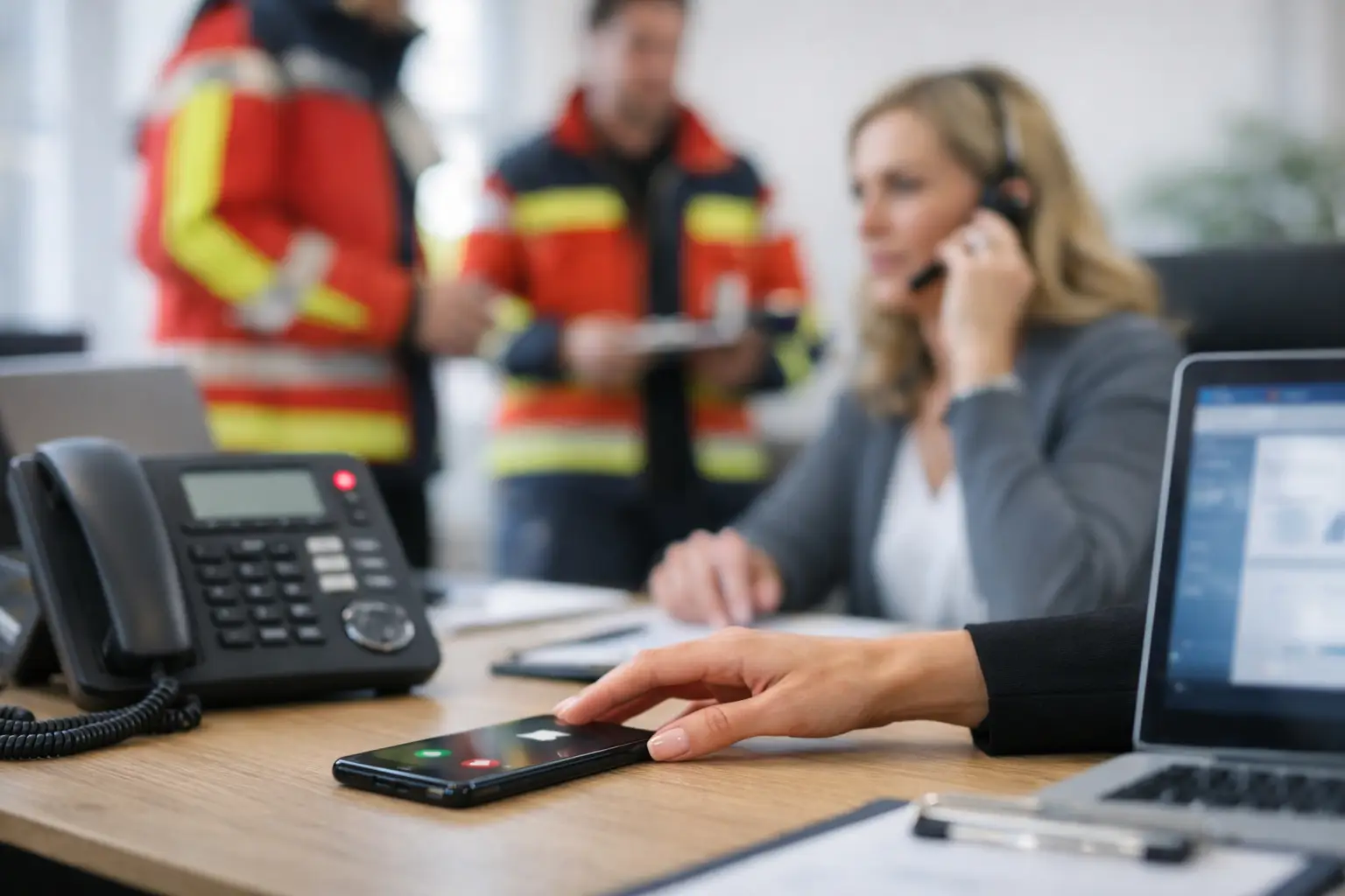 Automatische Anrufweiterleitung bei Notfällen: Disponentin am Headset nimmt dringenden Anruf an, Einsatzkräfte im Hintergrund