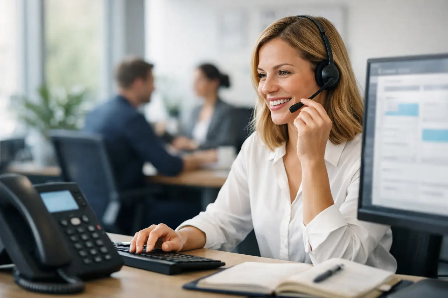 Beste Telefonassistenz für kleine Unternehmen: Servicemitarbeiterin mit Headset am Schreibtisch im Büro