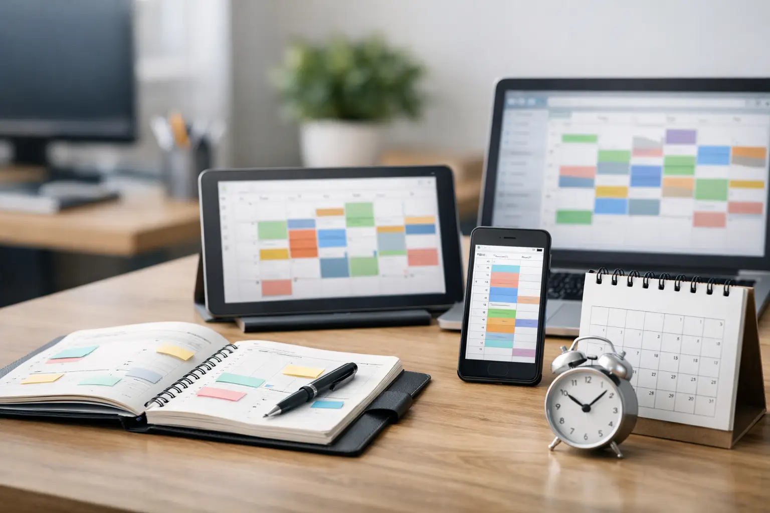 Schreibtisch mit Tablet, Laptop, Smartphone und Papierkalender, auf allen Bildschirmen farbig belegte Terminkalender