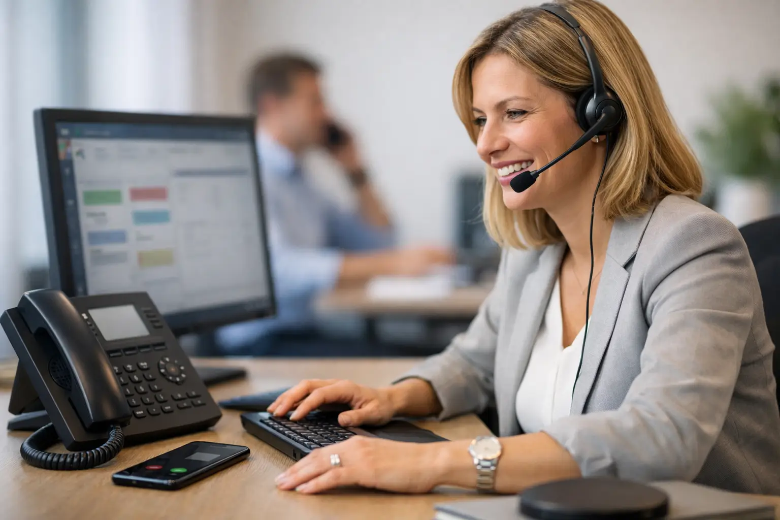 DSGVO-konforme Telefonassistenz: Mitarbeiterin mit Headset am Schreibtisch nimmt Anrufe strukturiert entgegen