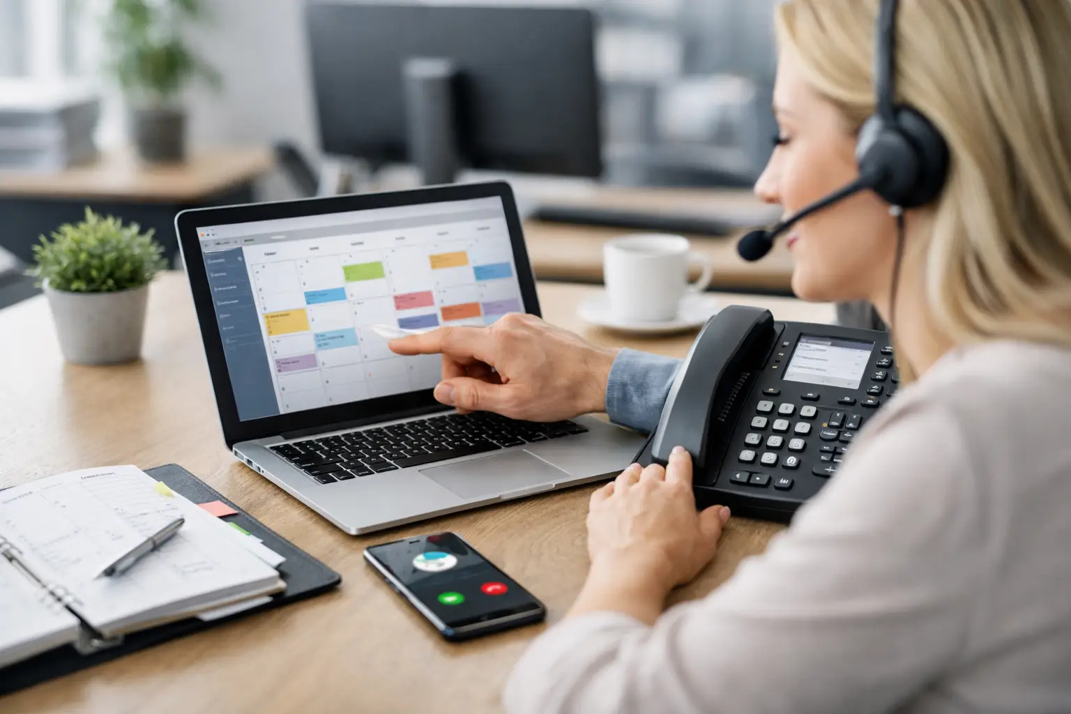 Mitarbeiterin mit Headset bucht Termin im ETermin-Kalender am Laptop mit Tischtelefon