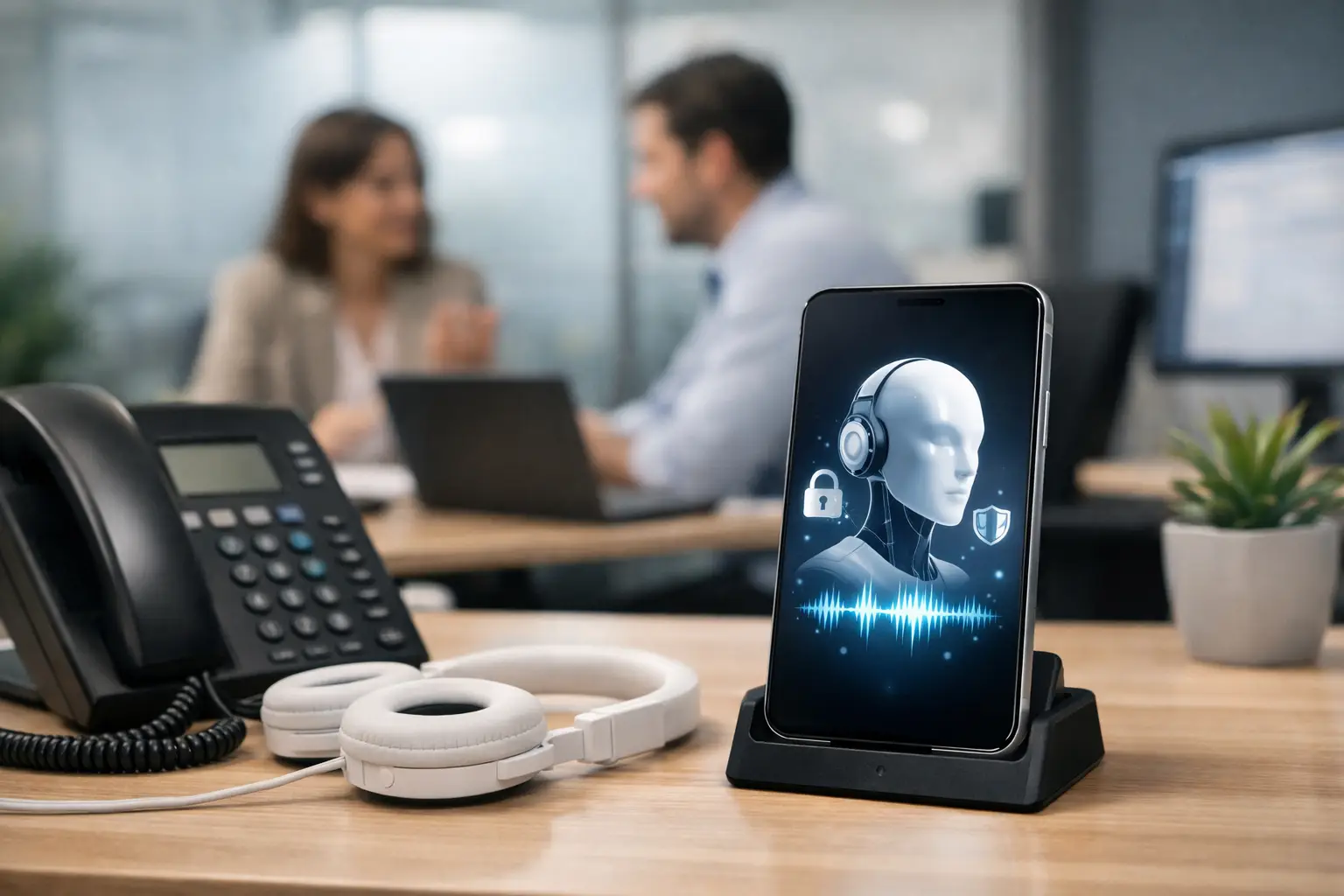 Smartphone mit KI-Assistent, Bürotelefon und Headset auf Schreibtisch — DSGVO-konforme Telefonassistenz