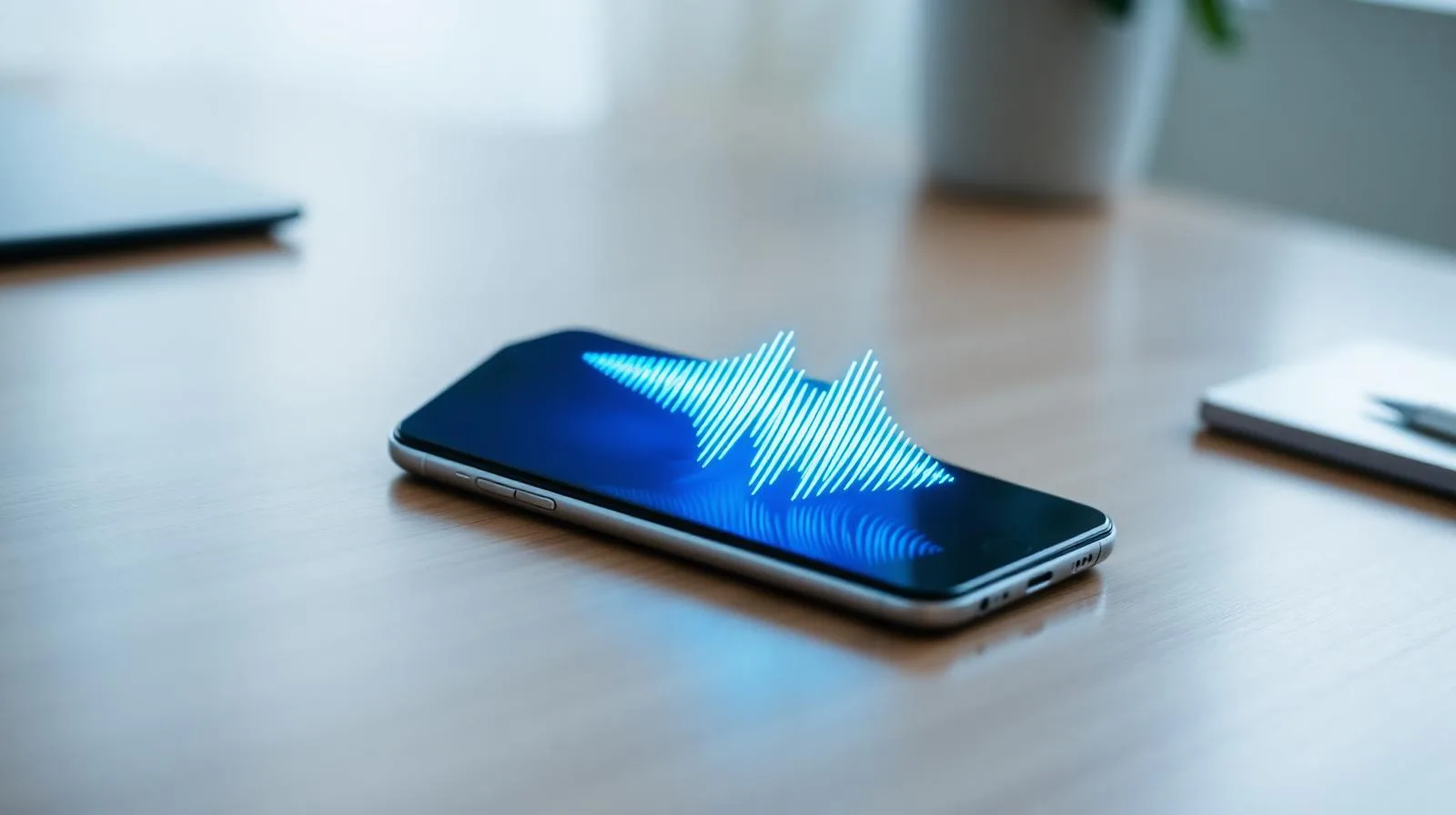 KI-Anrufbeantworter: Smartphone mit Sprachwellen-Symbol auf einem Schreibtisch im Büro