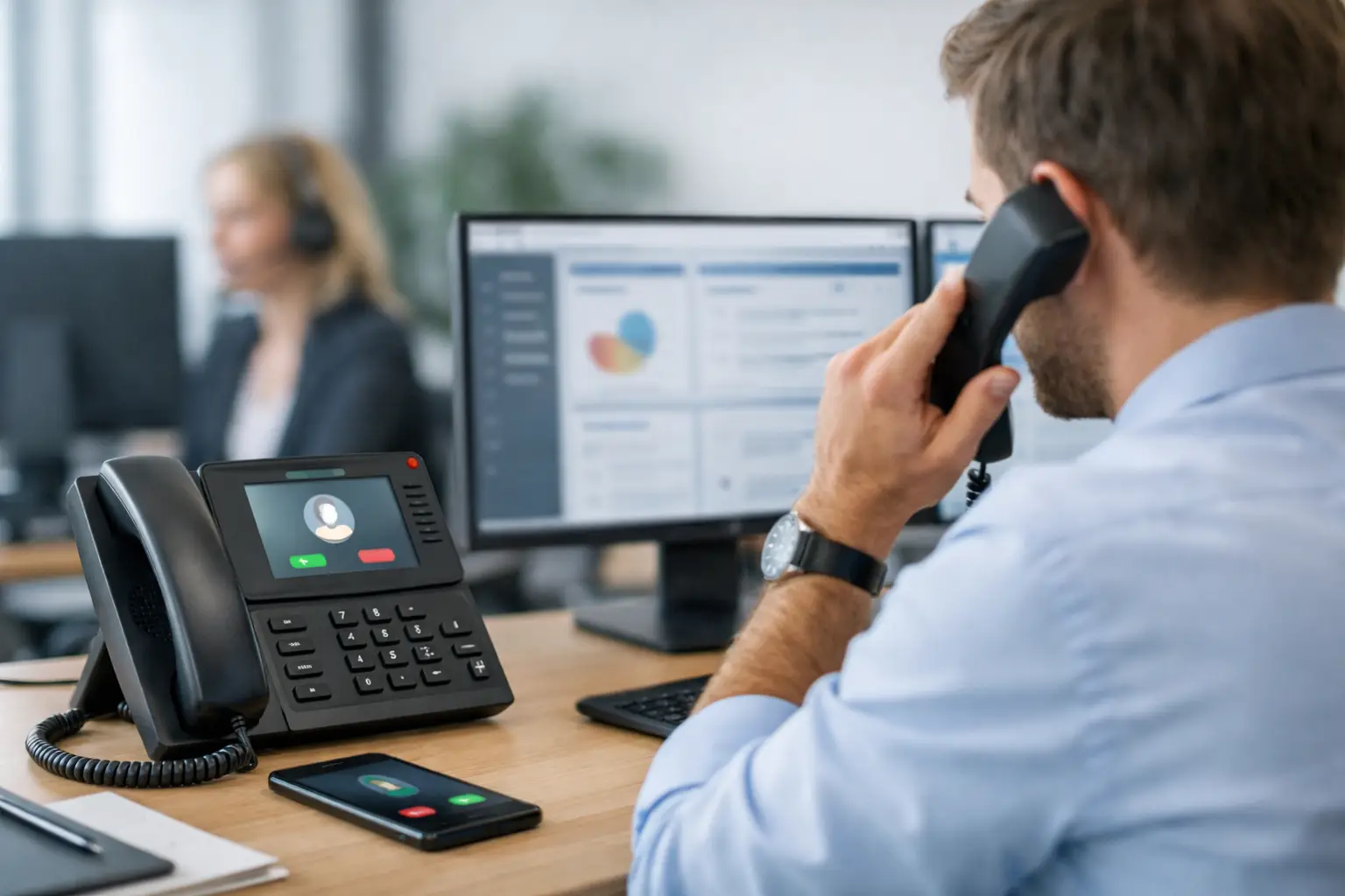 Mitarbeiter im Buero telefoniert am Tischtelefon, im Hintergrund Kollegin mit Headset