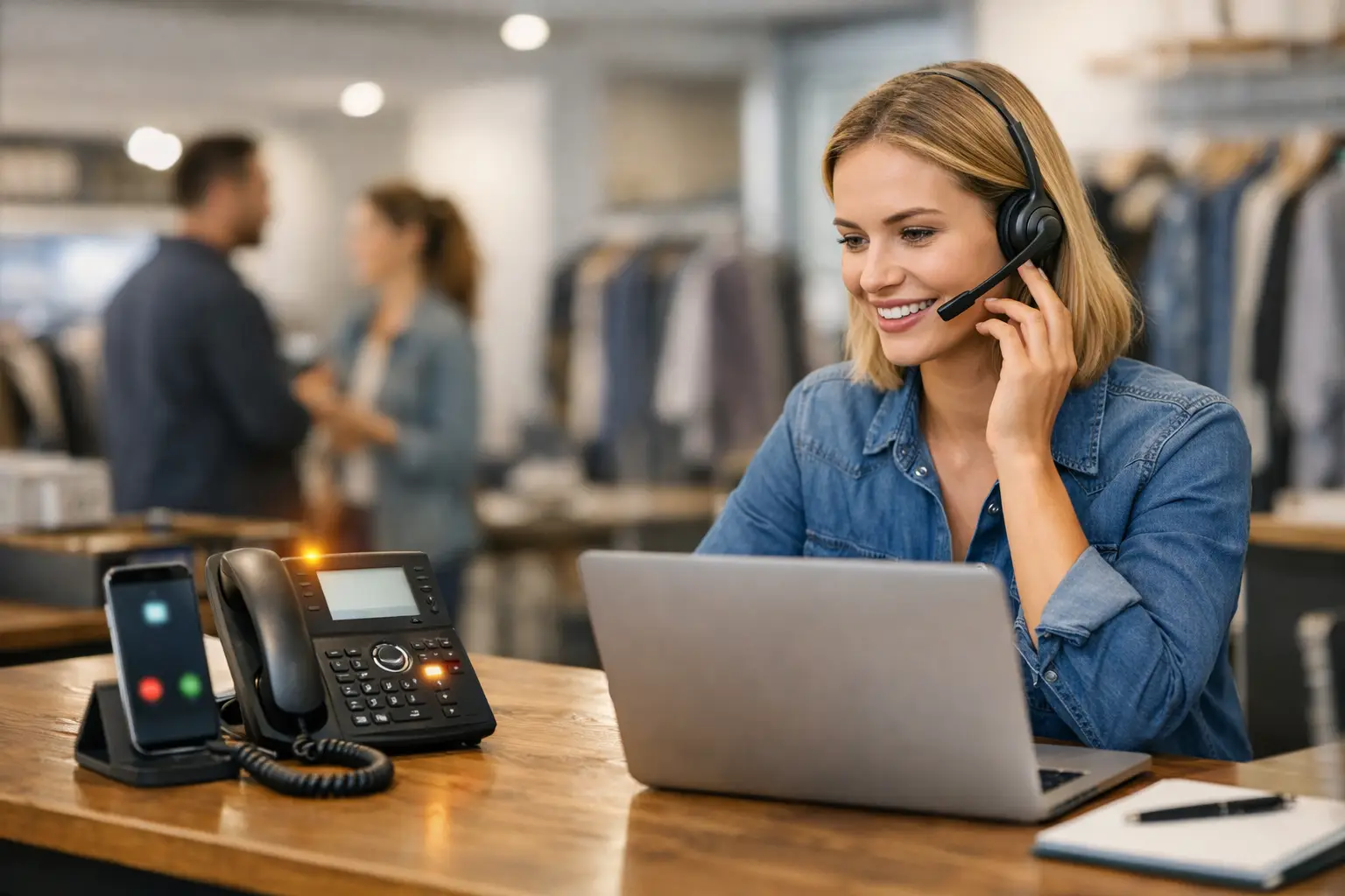 Mitarbeiterin mit Headset am Laptop im Einzelhandelsgeschäft, daneben Tischtelefon und Smartphone mit eingehendem Anruf