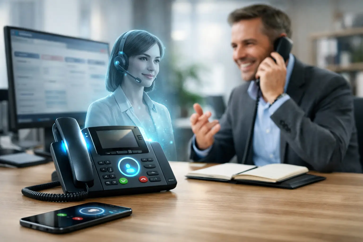 Versicherungsmakler telefoniert im Büro, daneben visualisierte KI-Telefonassistenz am Tischtelefon