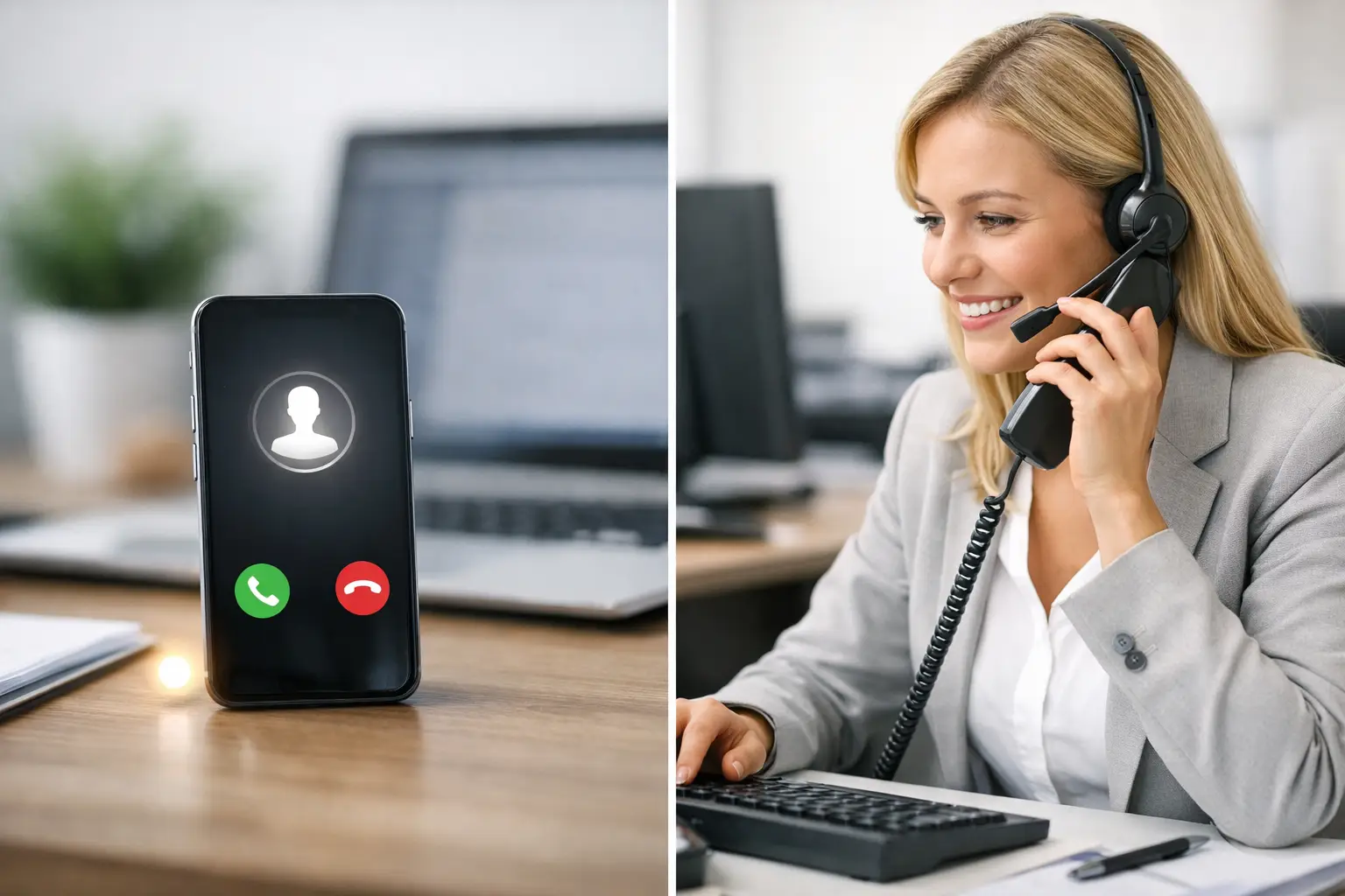 KI-Telefonassistent oder Sekretariat: digitale Headset-Grafik neben klassischem Bürotelefon im Vergleich