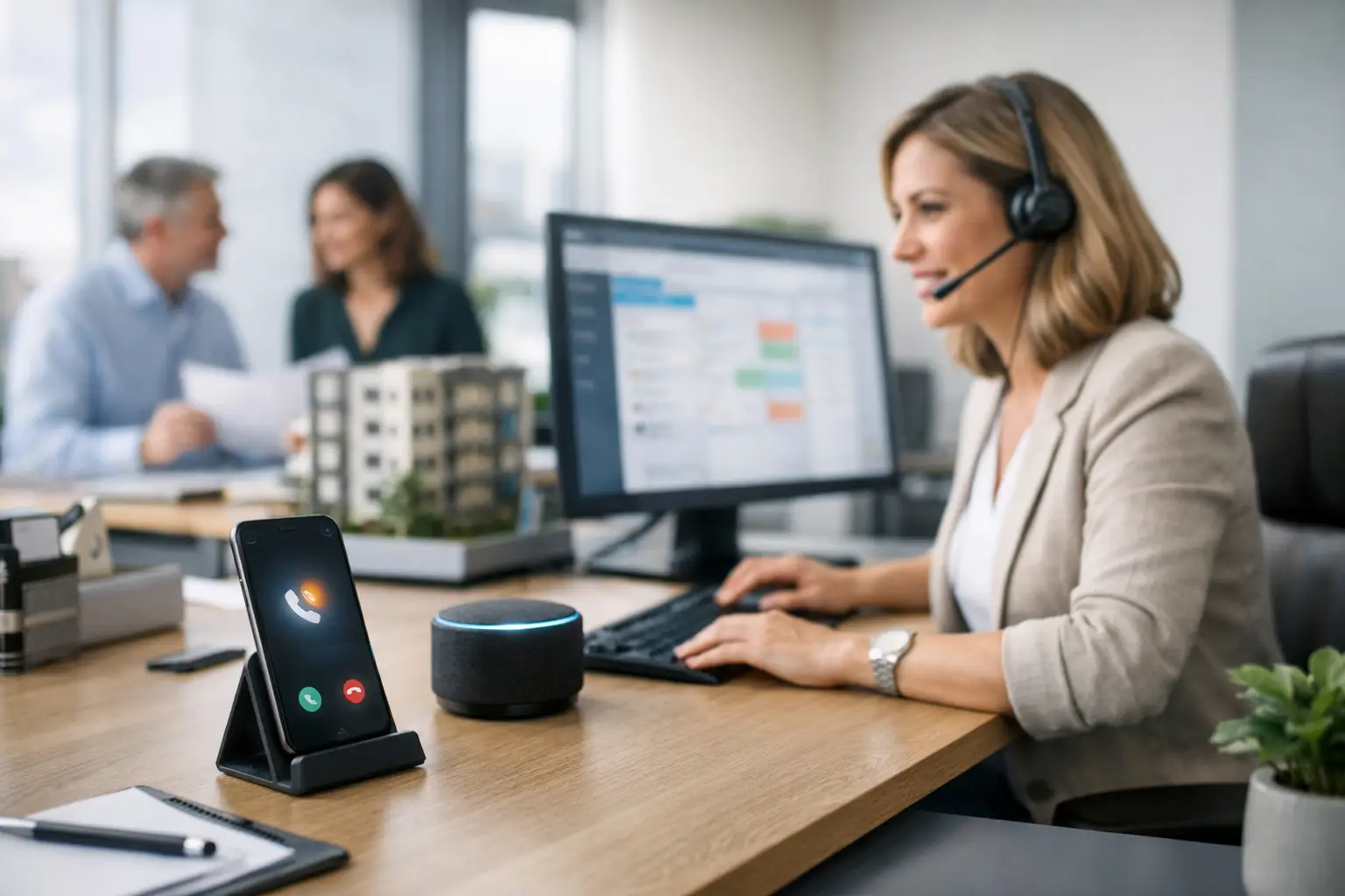 Verwaltungsmitarbeiterin mit Headset am Schreibtisch mit Kalender-Software, klingelndem Smartphone und Modellhaus