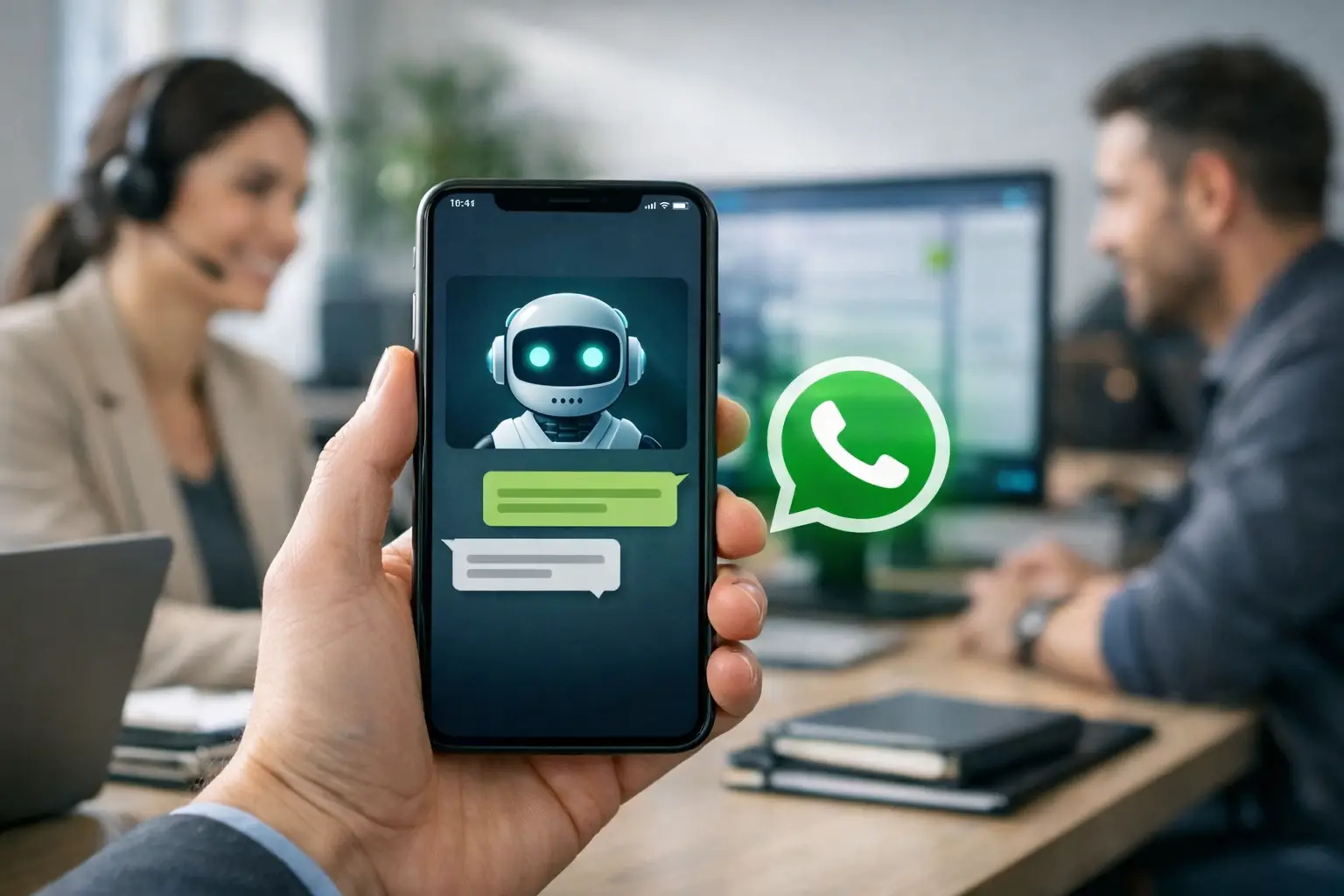 KI WhatsApp-Chatbot für Unternehmen: Smartphone mit grünem Chatfenster und automatischer Kundenantwort