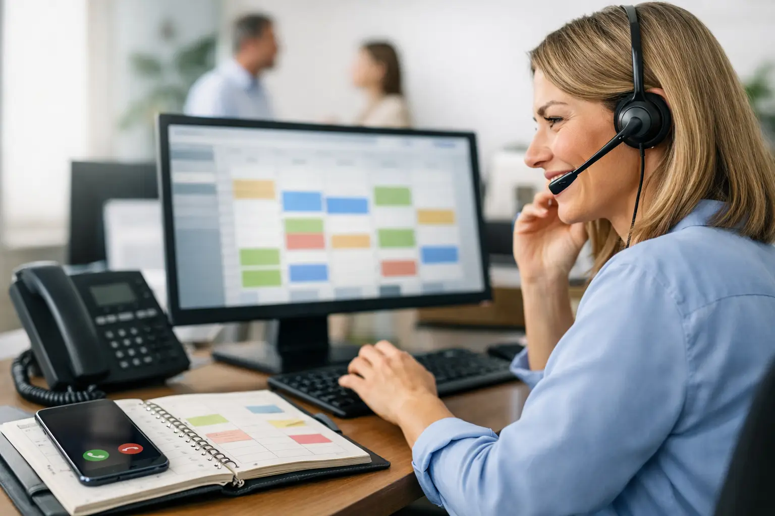 Mitarbeiterin mit Headset bucht am Bildschirm Termine im Kalender, daneben Telefon und Notizbuch
