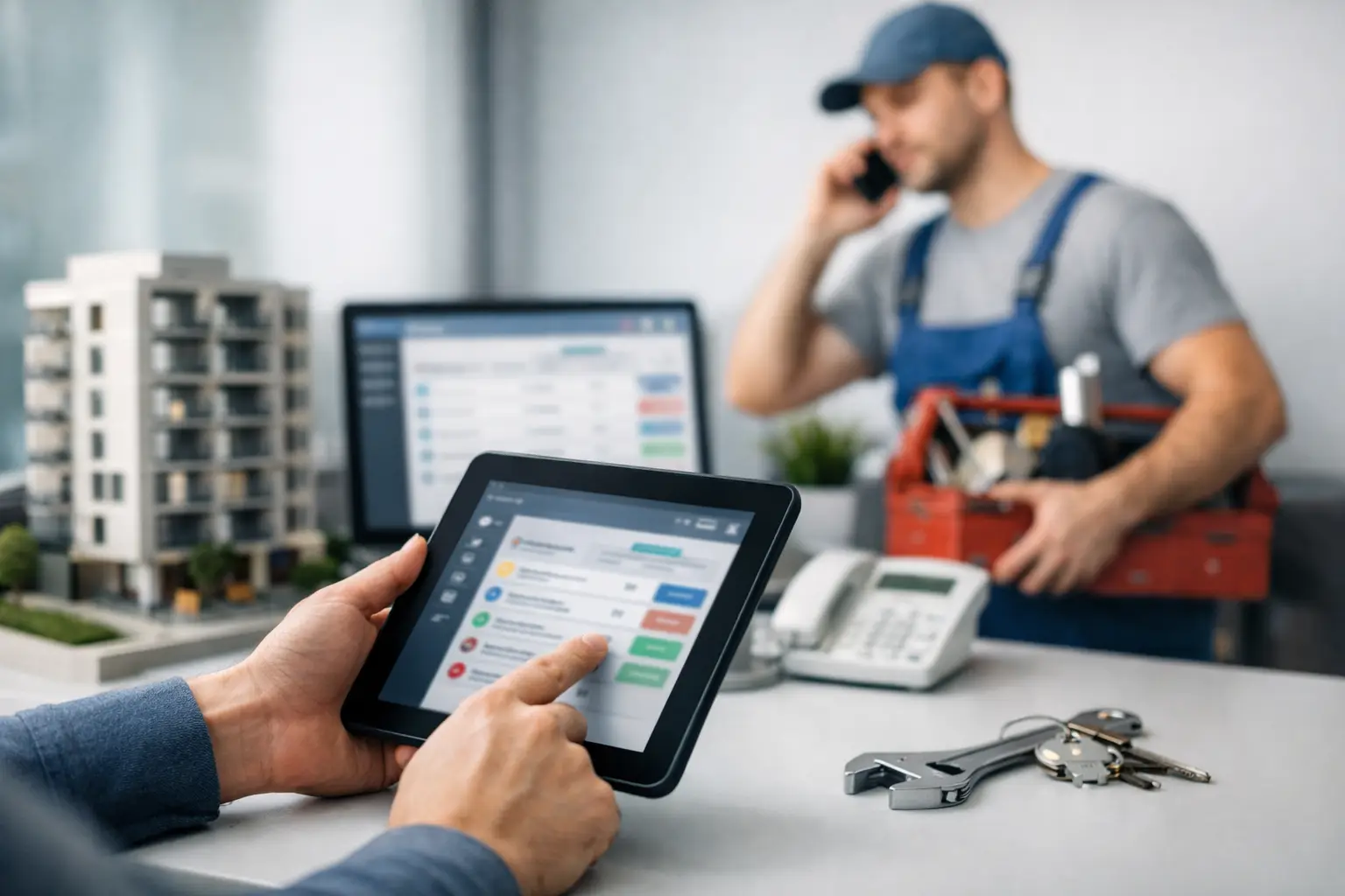 Hausverwalter erfasst Reparaturmeldung digital auf Tablet, Handwerker im Hintergrund am Telefon