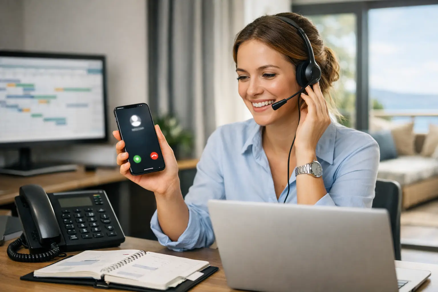Gastgeberin mit Headset nimmt Buchungsanfrage am Telefon entgegen