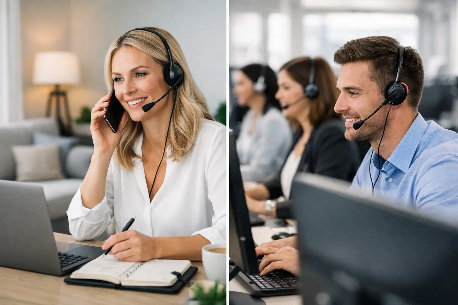 Freundliche Mitarbeiterin mit Headset im Home-Office und Callcenter-Team im Büro im Vergleich