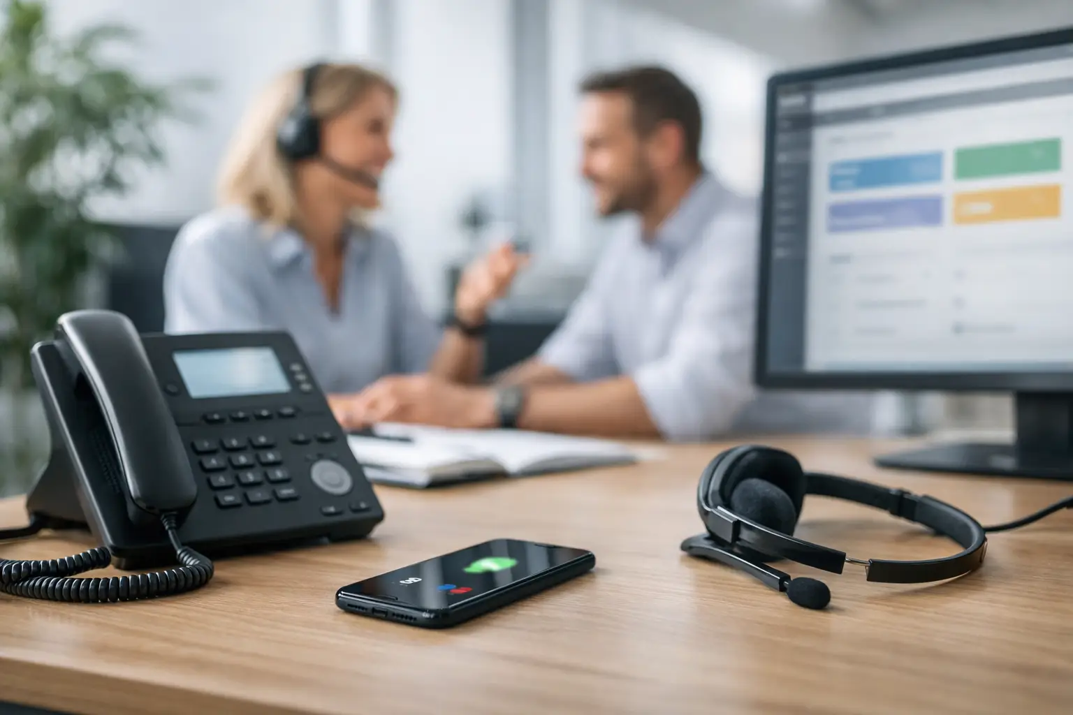 Mitarbeiterin mit Headset und Kollege am Schreibtisch mit Tischtelefon, Smartphone und CRM-Dashboard
