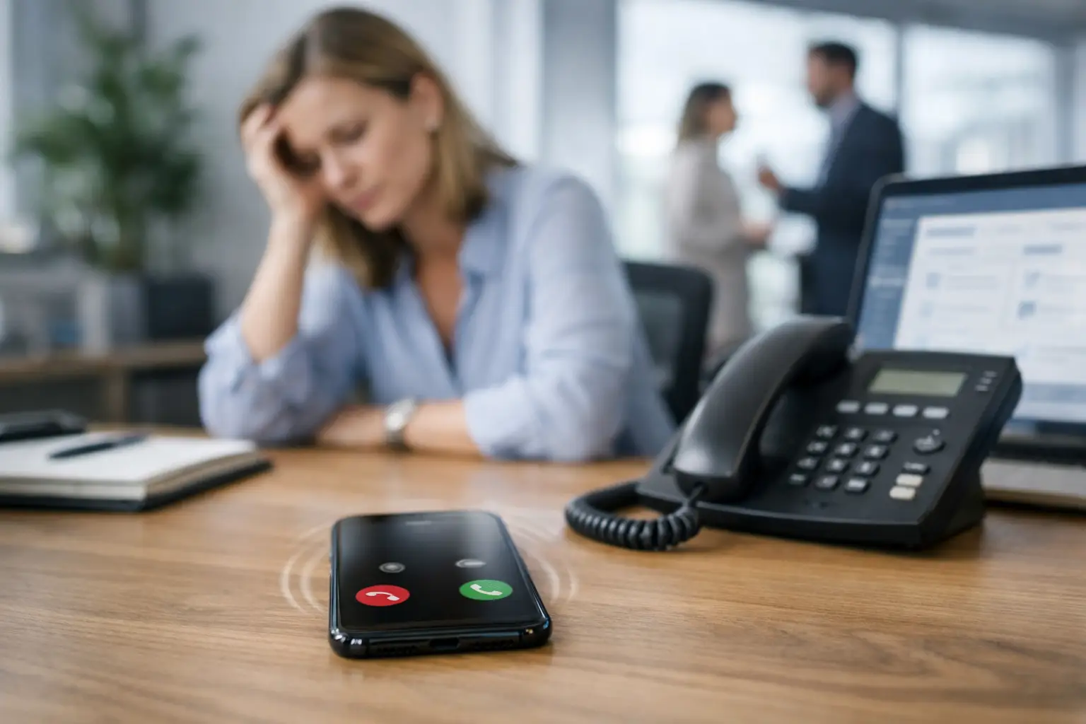 Verpasste Anrufe kosten Kunden und Umsatz – frustrierte Mitarbeiterin neben klingelndem Smartphone und Bürotelefon