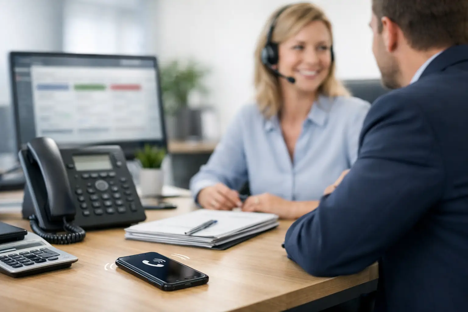 Servicemitarbeiterin mit Headset im Beratungsgespräch, Telefon, Kalender und Smartphone auf dem Schreibtisch als Symbol für die Kosten von Telefonassistenz für KMU