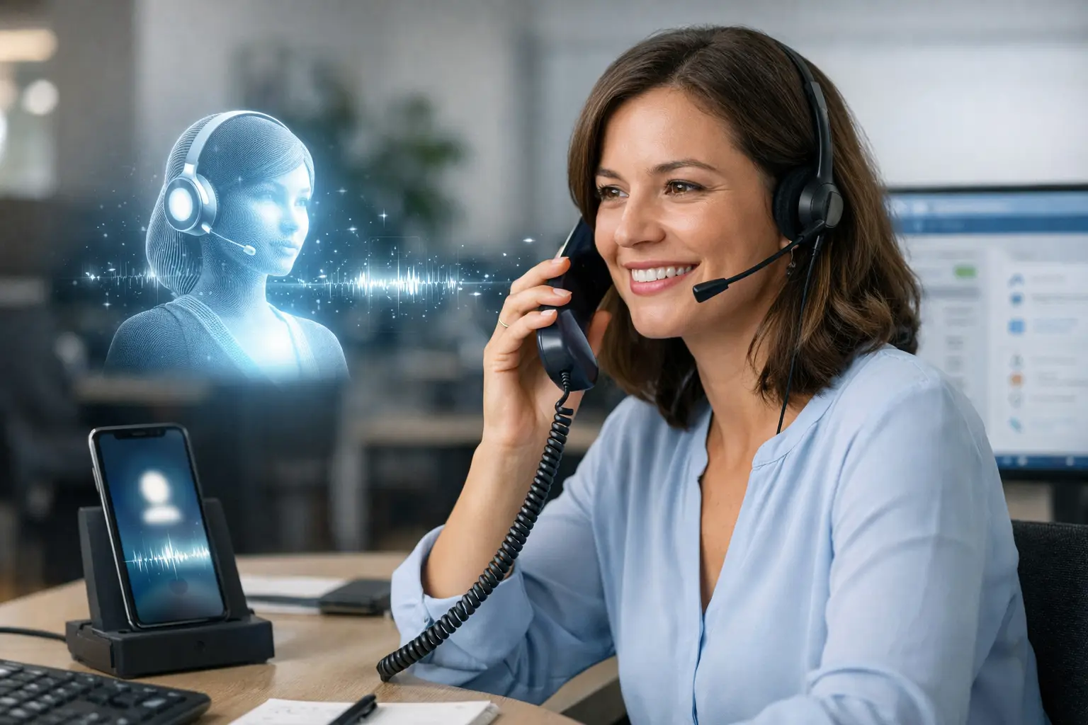 Wie funktioniert ein KI-Telefonassistent: Mitarbeiterin am Telefon mit KI-Hologramm und CRM-Bildschirm im Hintergrund